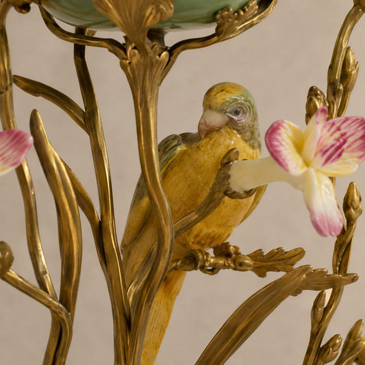 Bougeoir en porcelaine céladon et bronze doré aux oiseaux, détail perroquet jaune