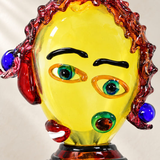 Buste de clown en verre soufflé polychrome, détail du visage et des yeux