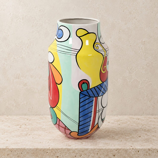 Vase porcelaine émaillée décor cubiste polychrome, détail visage