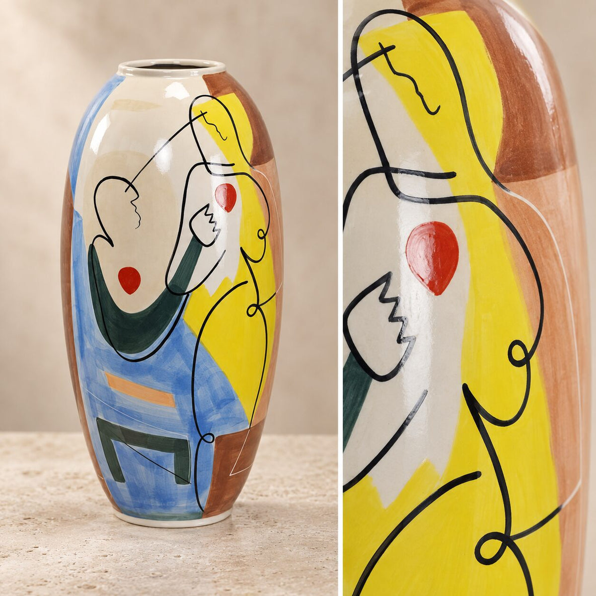 Vase en porcelaine émaillée décor cubiste figures féminines, vue double angle