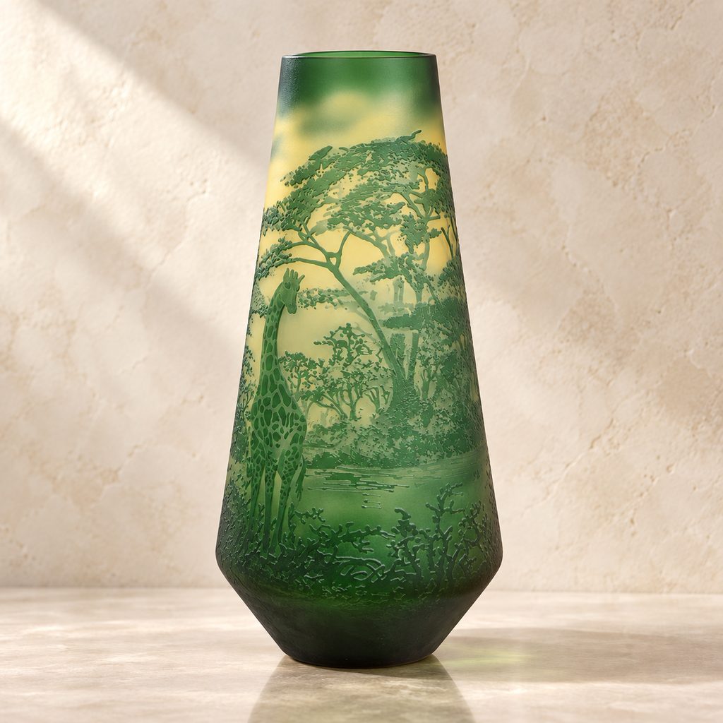 Vase camée en verre multicouche décor girafes et savane, vue complémentaire