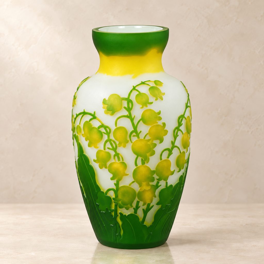 Vase en verre camée décor muguet vert et jaune, face clochettes muguet