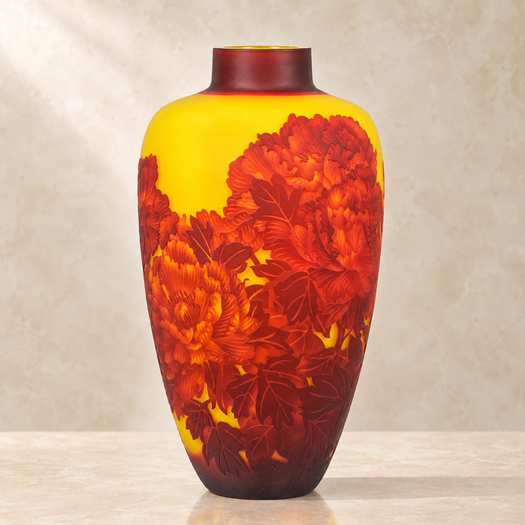 Vase en verre multicouche décor pivoines et papillon, face secondaire
