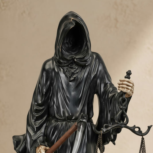 Sculpture en bronze noir représentant la Faucheuse avec une balance et une faux, détails ivoire