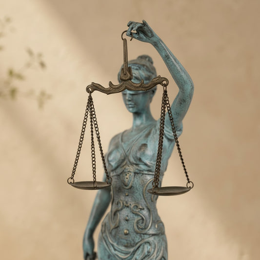 Sculpture Dame Justice en bronze patine vert-de-gris tenant une balance, socle en marbre noir
