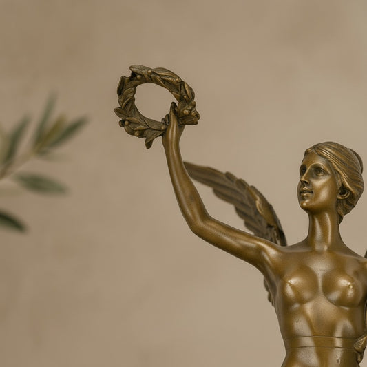 Sculpture en bronze doré représentant une Victoire ailée tenant une couronne de laurier