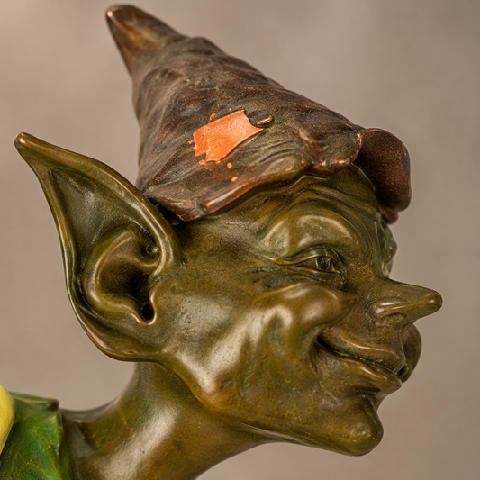 Lutin semeur de graines d'or, sculpture bronze polychrome, vue 2