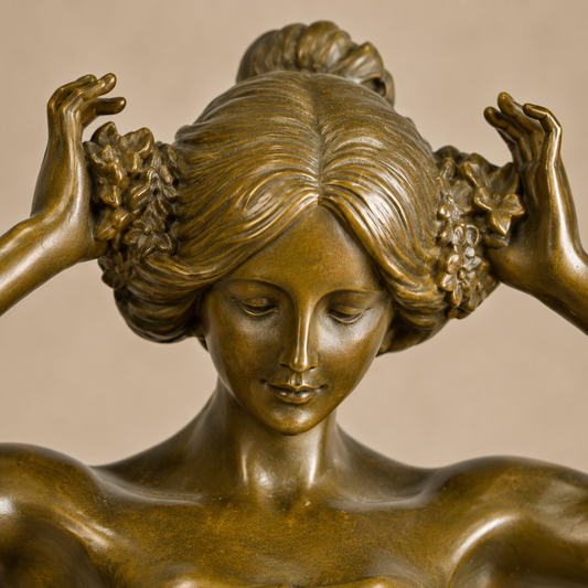 Sculpture bronze Art Nouveau femme drapée à la couronne, vue 2