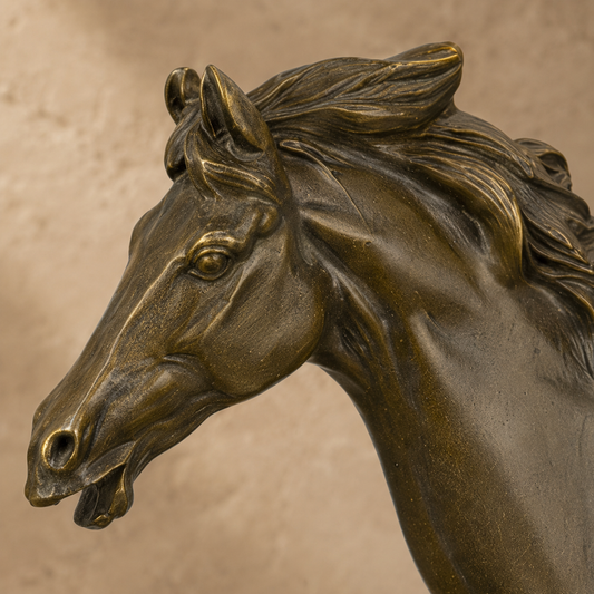 Sculpture bronze cheval au trot sur socle marbre noir, vue 2