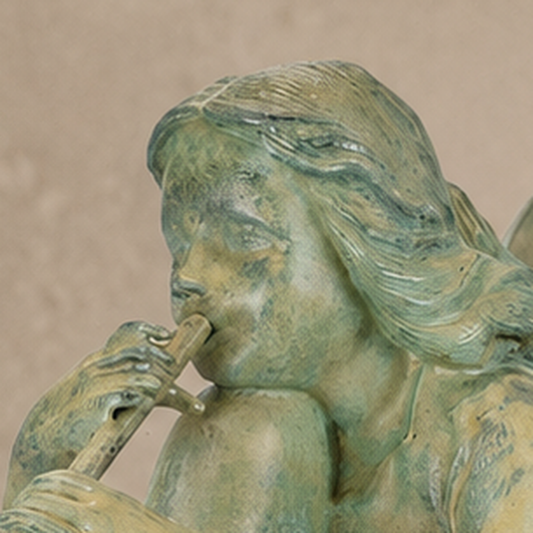 Sculpture bronze fée musicienne à la flûte, patine vert-de-gris, vue 2