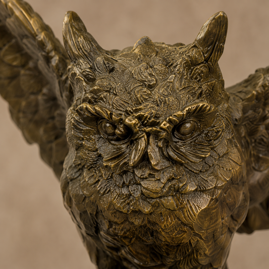 Sculpture bronze hibou perché sur crâne humain, socle marbre, vue 2