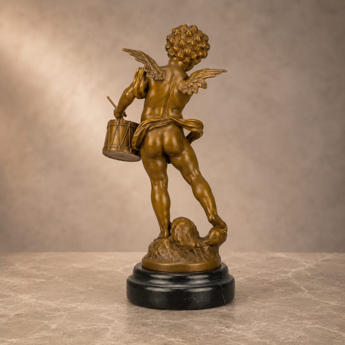 Sculpture bronze putto musicien au tambour sur socle marbre, vue 5