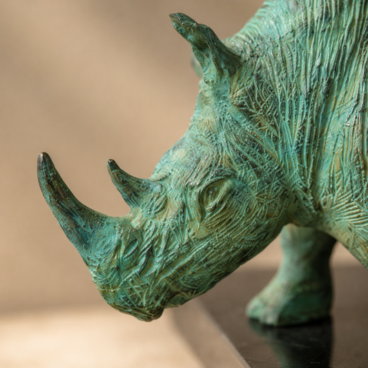 Sculpture bronze rhinocéros patine verte sur socle marbre noir, vue 2