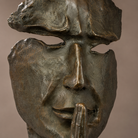 Sculpture bronze visage fragmenté geste du silence, vue 2