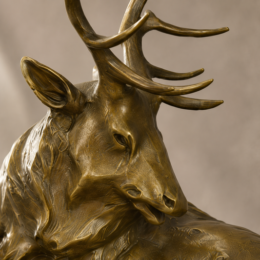 Sculpture en bronze cerf couché sur socle en marbre, vue 2