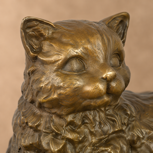 Sculpture en bronze chat couché dans une main sur marbre, vue 2