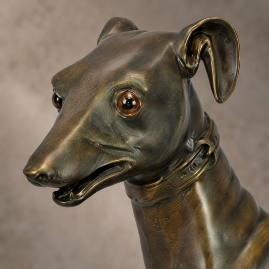 Sculpture en bronze lévrier assis aux yeux de verre, vue 2
