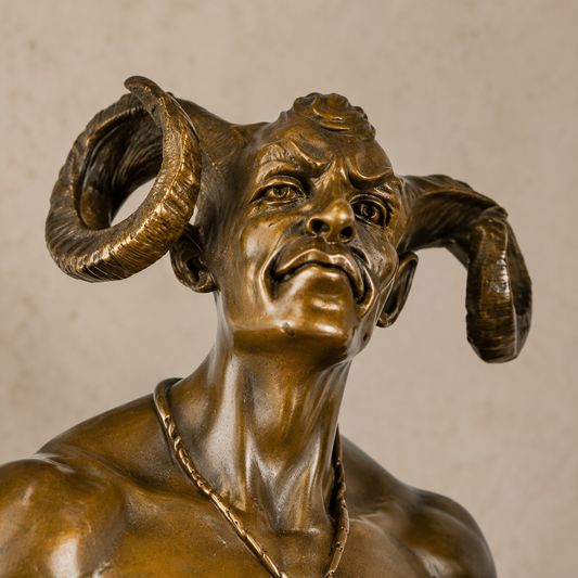 Sculpture en bronze patiné, faune assis tenant un crâne, vue 2