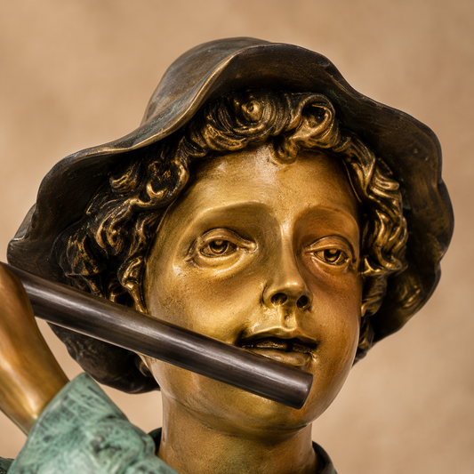 Sculpture en bronze polychrome jeune flûtiste pieds nus, vue 2