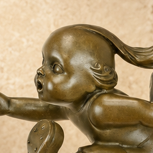 Sculpture en bronze Tom Pouce sur sphère, socle marbre, vue 2