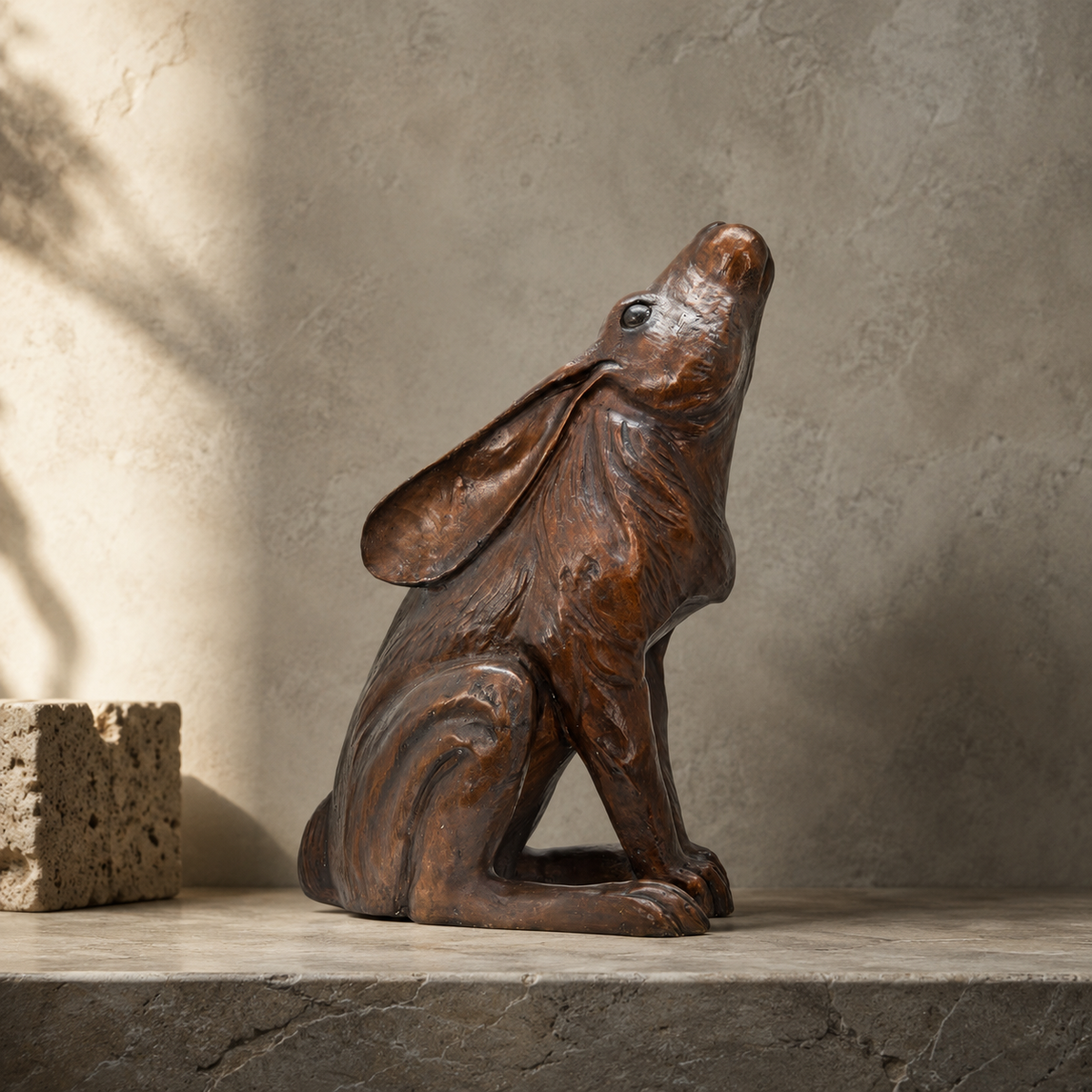 Sculpture lièvre assis contemplant la lune en bronze patiné