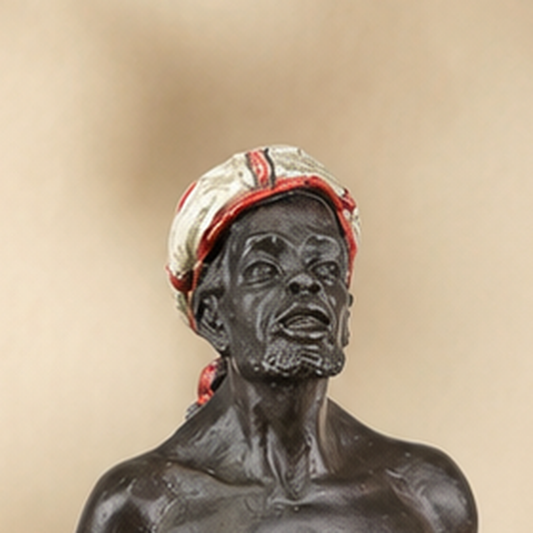 Sculpture polychrome marchand africain assis avec armes, vue 2