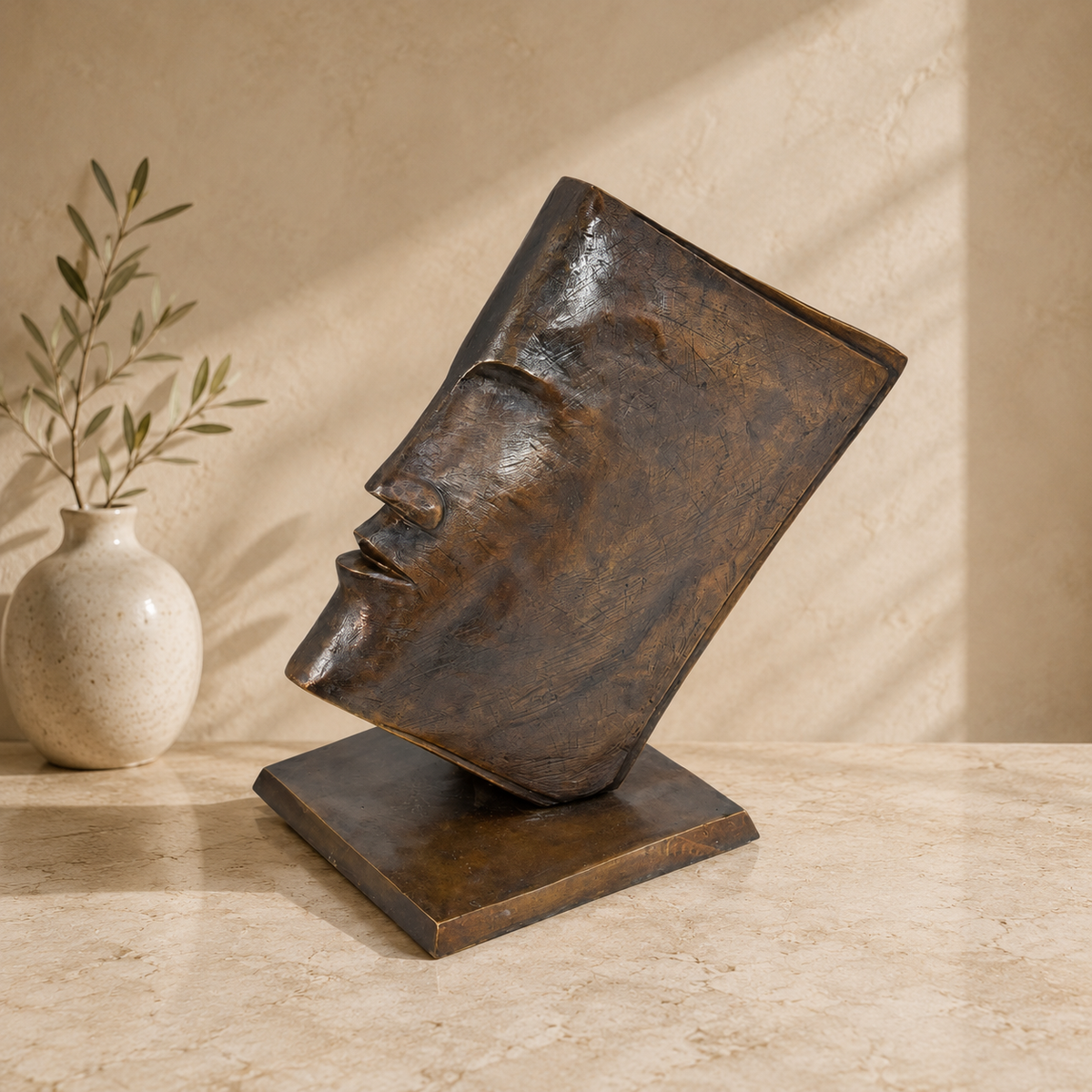 Sculpture visage fragmenté en bronze patiné sur socle
