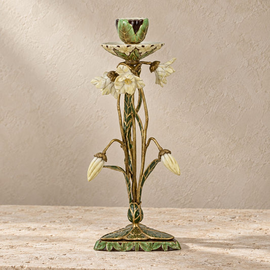 Bougeoir Art Nouveau en bronze doré émaillé à décor floral, décor floral vue d'ensemble
