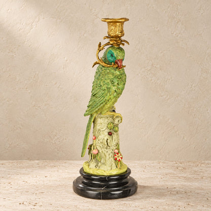 Bougeoir perroquet en bronze polychrome sur socle marbre, socle marbre vue d'ensemble