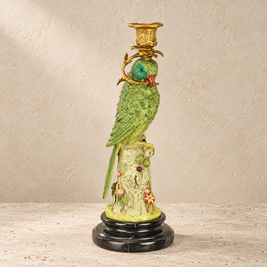 Bougeoir perroquet en bronze polychrome sur socle marbre, socle marbre vue d'ensemble