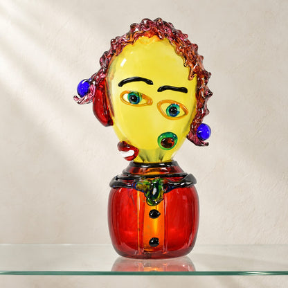 Buste de clown en verre soufflé polychrome, vue d'ensemble de face