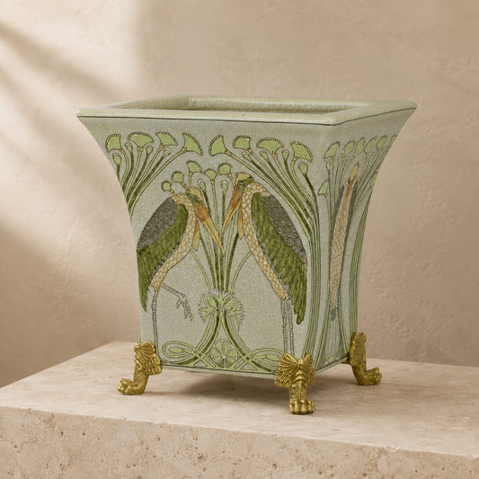 Cache-pot Art Nouveau en porcelaine craquelée aux hérons, vue d'ensemble