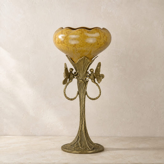Coupe en porcelaine mouchetée sur pied bronze aux libellules, vue d'ensemble