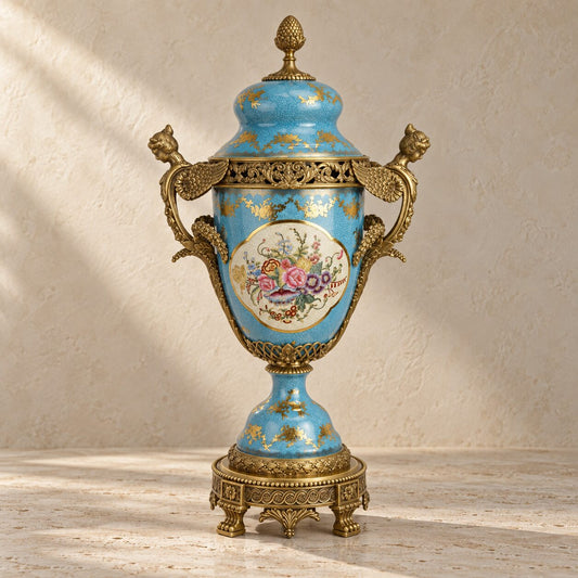 Potiche couverte en porcelaine bleu céleste et bronze doré, vue d'ensemble