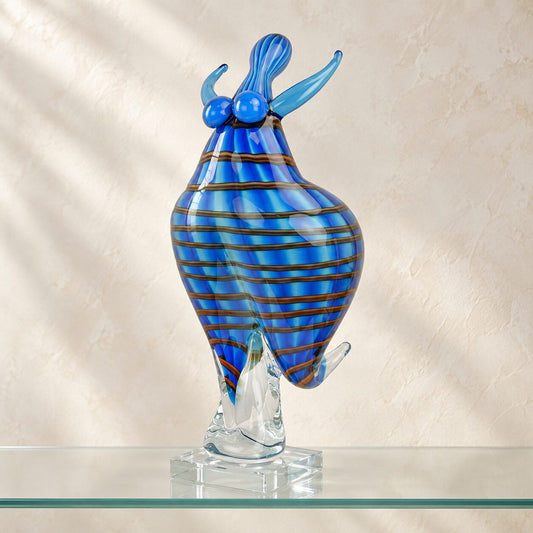 Sculpture danseuse en verre soufflé bleu style Murano, vue de dos profil