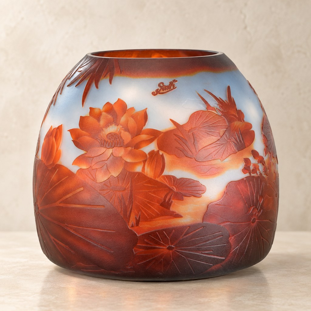 Vase camée en verre multicouche à décor de nénuphars, vue d'ensemble