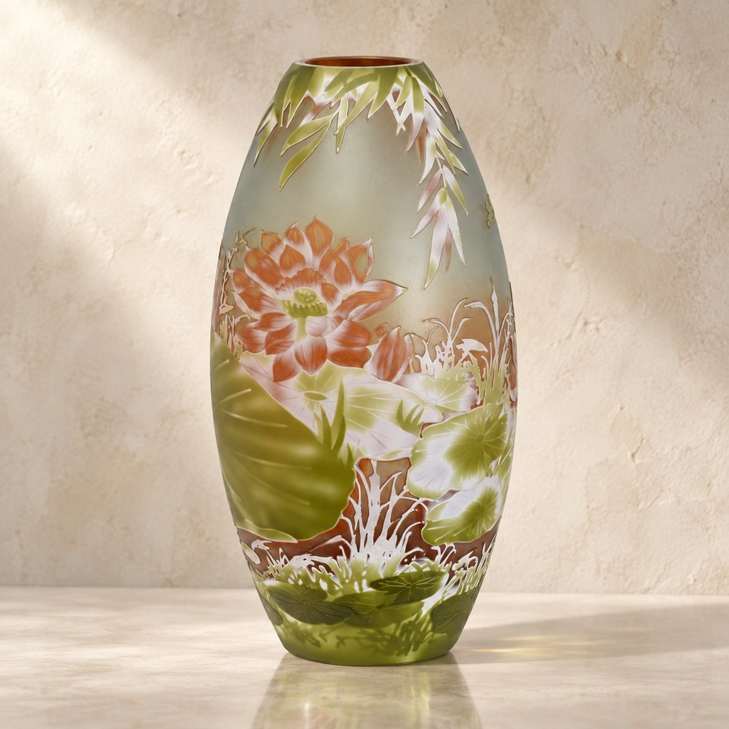 Vase camée en verre multicouche décor nénuphars et lotus, vue d'ensemble