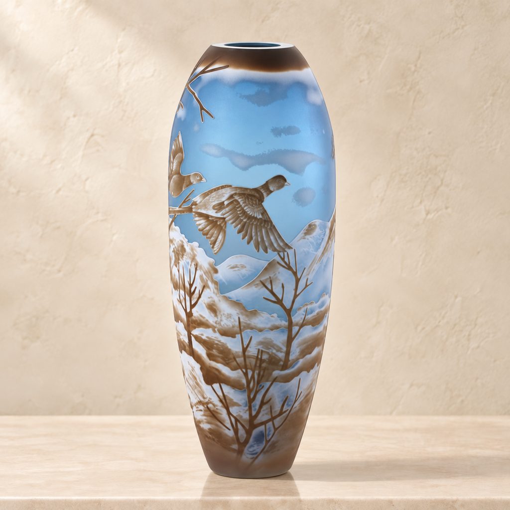 Vase camée en verre multicouche, vol de faisans en hiver, vue d'ensemble