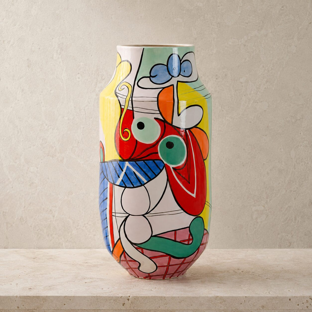 Vase porcelaine émaillée décor cubiste polychrome, vue d'ensemble