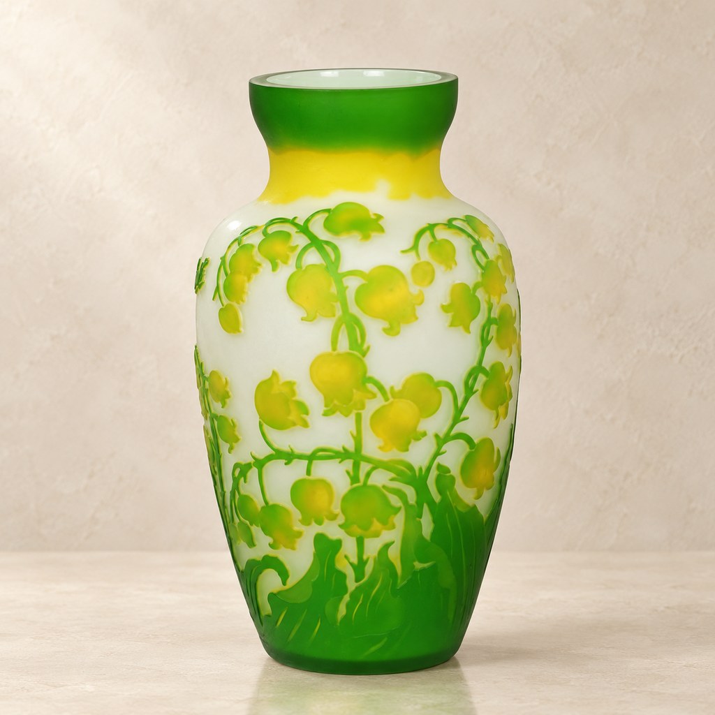 Vase en verre camée décor muguet vert et jaune, vue d'ensemble