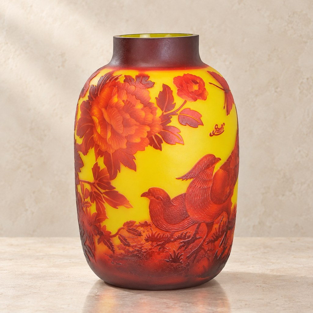 Vase en verre multicouche décor pivoines et perdrix, vue d'ensemble