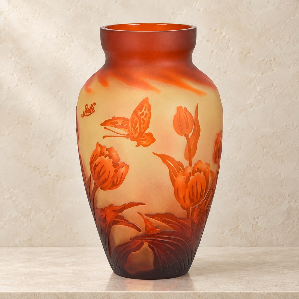 Vase en verre multicouche décor tulipes et papillon, vue d'ensemble