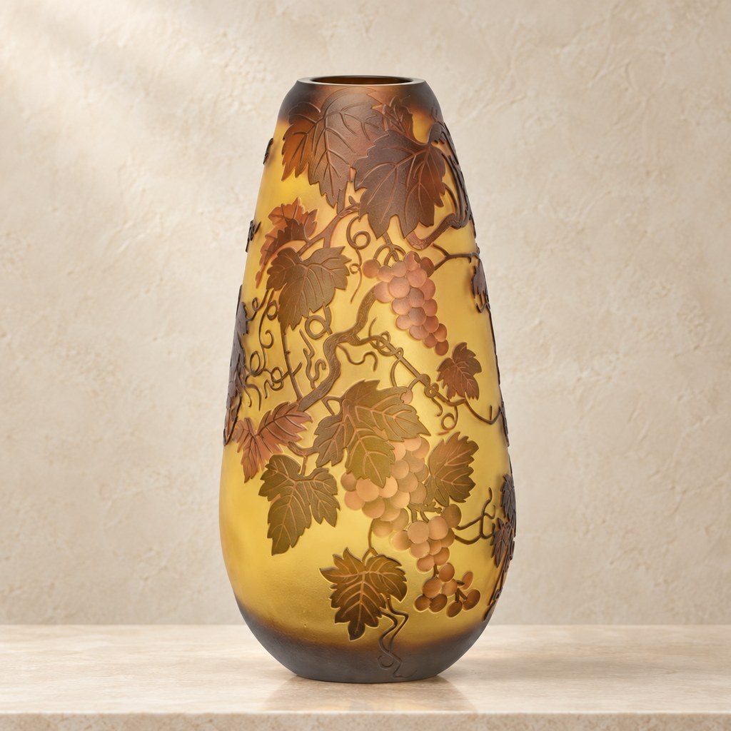 Vase en verre multicouche à décor de vigne et raisins, vue d'ensemble