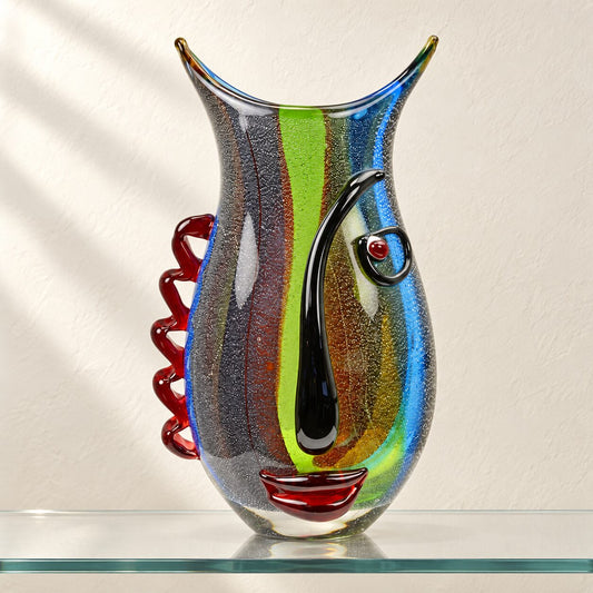 Vase visage abstrait en verre polychrome style Murano, vue d'ensemble