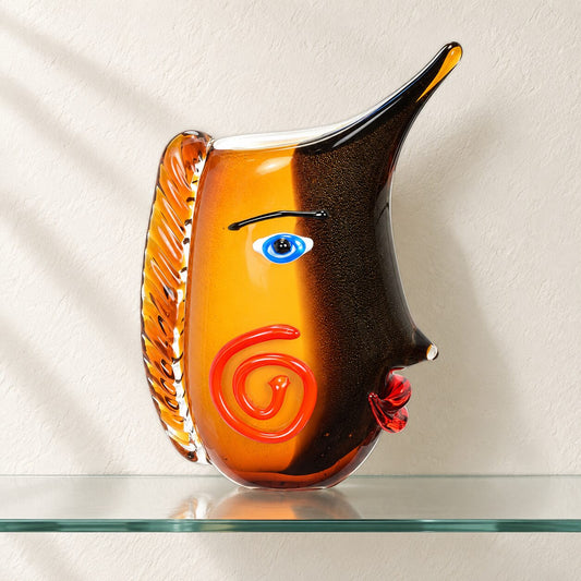 Vase visage abstrait en verre style Murano orange et noir, vue d'ensemble