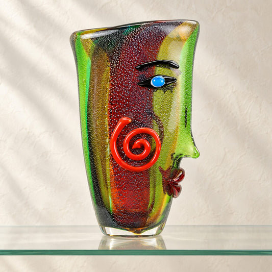 Vase visage en verre style Murano polychrome à spirale, face œil ouvert