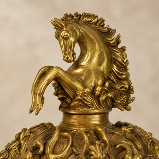 Aiguière corne d'abondance en porcelaine à rinceaux polychromes, détail cheval cabré