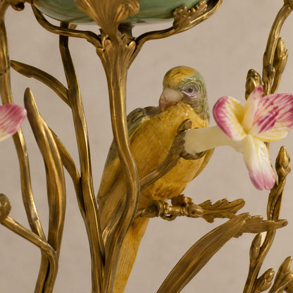 Bougeoir en porcelaine céladon et bronze doré aux oiseaux, détail perroquet jaune