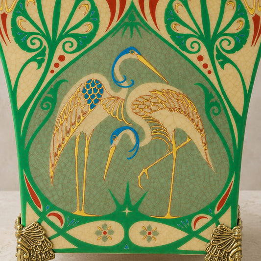 Jardinière en porcelaine craquelée aux hérons, monture bronze, détail décor face