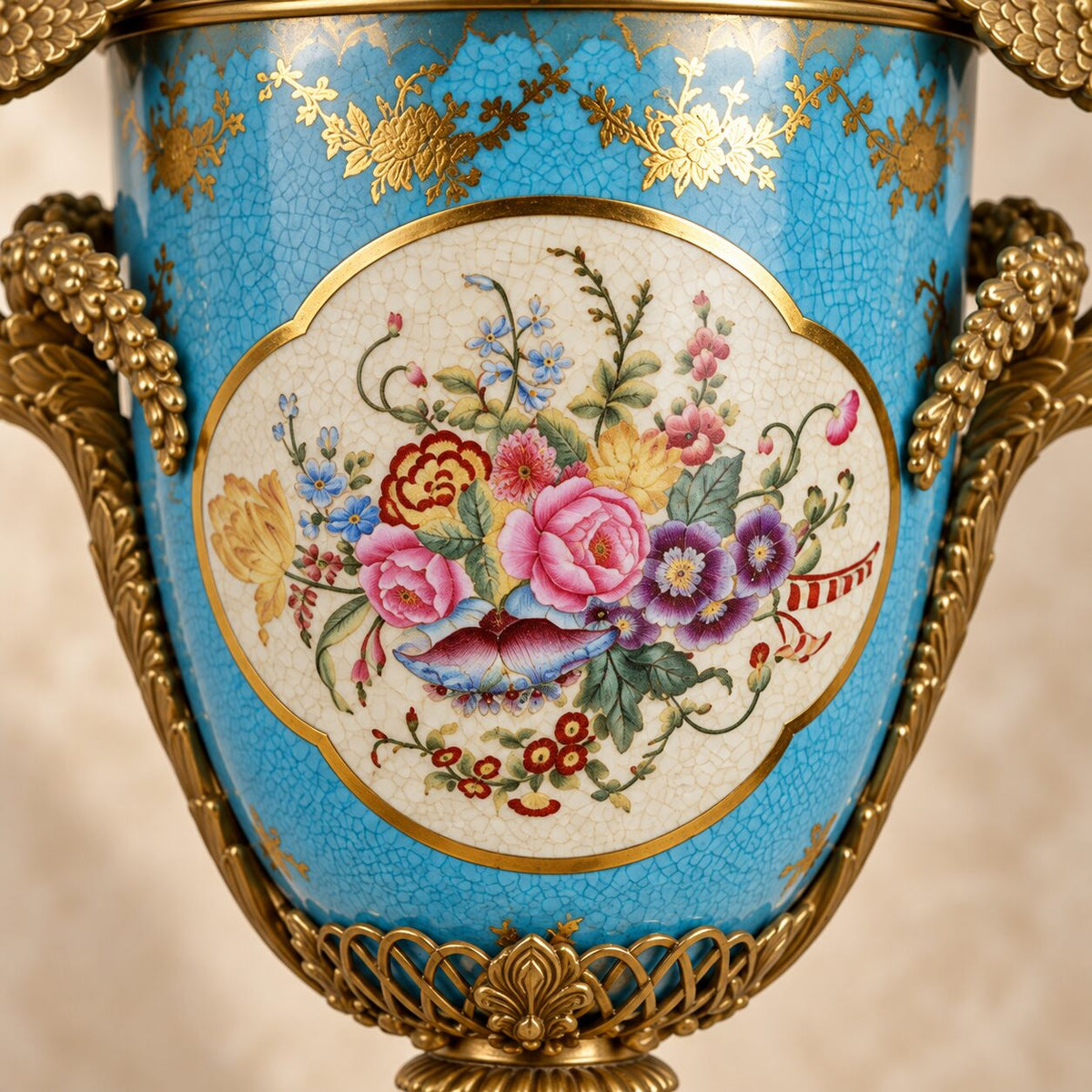 Potiche couverte en porcelaine bleu céleste et bronze doré, détail médaillon floral peint gros plan